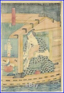 Original Japanese Woodblock Print, Kunichika, Boat, River Trip, Sake, Ukiyo-e