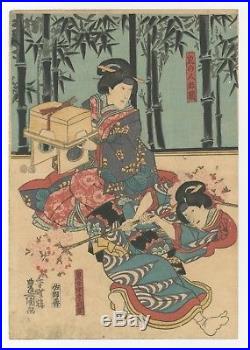 Original Japanese Woodblock Print, Toyokuni III Utagawa, Triptych, Kabuki, Ukiyo-e