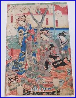 Original Japanese Woodblock Print Triptych TOYOHARA KUNICHIKA 19th Century