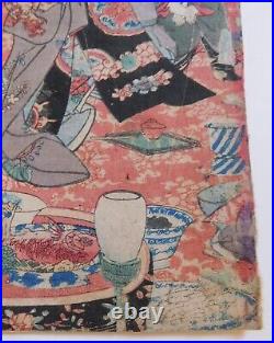 Original Japanese Woodblock Print Triptych TOYOHARA KUNICHIKA 19th Century