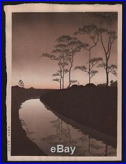Original Japanese Woodblock Print by KOHO Moonlit Canal (Sepia impression)