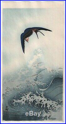 Original Japanese Woodblock Print by OHARA KOSON Bird over Waves