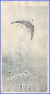 Original Japanese Woodblock Print by OHARA KOSON Bird over Waves