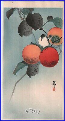 Original Japanese Woodblock Print by OHARA KOSON Nuthatch with Persimmon