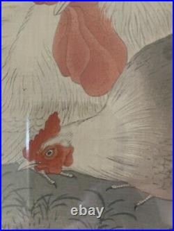 Original Japanese Woodblock Print by OHARA KOSON Roosters Rare Framed Cocks
