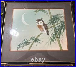Original Japanese Woodblock Print by Ohara Koson Owl And Bamboo, Crescent Moon