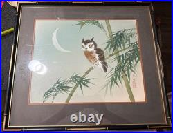 Original Japanese Woodblock Print by Ohara Koson Owl And Bamboo, Crescent Moon