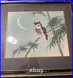 Original Japanese Woodblock Print by Ohara Koson Owl And Bamboo, Crescent Moon
