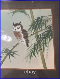 Original Japanese Woodblock Print by Ohara Koson Owl And Bamboo, Crescent Moon