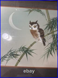 Original Japanese Woodblock Print by Ohara Koson Owl And Bamboo, Crescent Moon