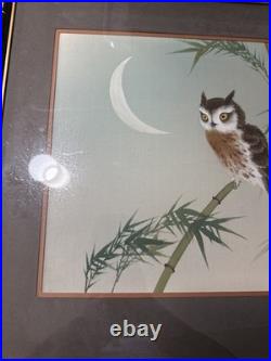 Original Japanese Woodblock Print by Ohara Koson Owl And Bamboo, Crescent Moon