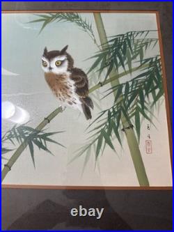 Original Japanese Woodblock Print by Ohara Koson Owl And Bamboo, Crescent Moon