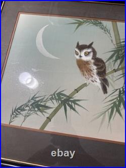 Original Japanese Woodblock Print by Ohara Koson Owl And Bamboo, Crescent Moon