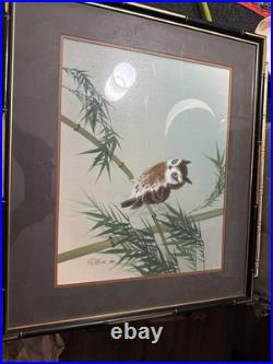 Original Japanese Woodblock Print by Ohara Koson Owl And Bamboo, Crescent Moon