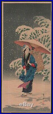 Original Japanese Woodblock Print by TAKAHASHI SHOTEI Beauty in Snow