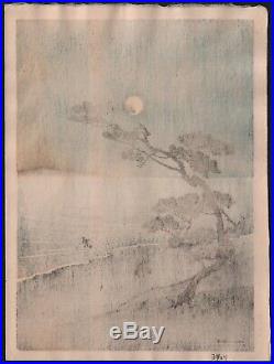 Original Japanese Woodblock Print by YOSHIMUNE Suma Beach, Full Moon