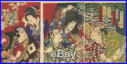 Original Japanese Woodblock Prints, Set of 2, Triptych, Kunichika, Chikanobu