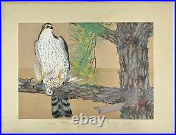 Original Japanese woodblock print Sparrowhawk and Skylark Rakuzan 1929