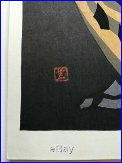 Original Kaoru Kawano Big Owl Japanese Woodblock Print Red Seal Nice