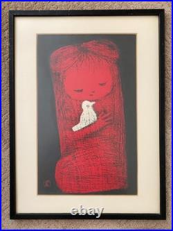 Original Kaoru Kawano Woodblock Art Girl and Bird Japan 1950s Orig. Frame, Mat