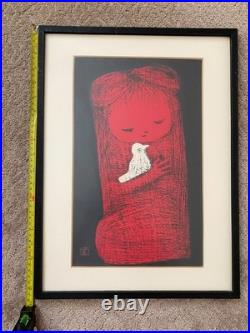 Original Kaoru Kawano Woodblock Art Girl and Bird Japan 1950s Orig. Frame, Mat