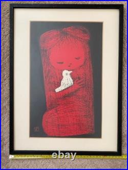 Original Kaoru Kawano Woodblock Art Girl and Bird Japan 1950s Orig. Frame, Mat