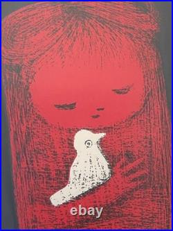Original Kaoru Kawano Woodblock Art Girl and Bird Japan 1950s Orig. Frame, Mat