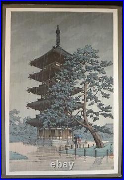 Original Rare Kawase Hasui Woodblock Print Rain in Nara, the Kofuku Pagoda