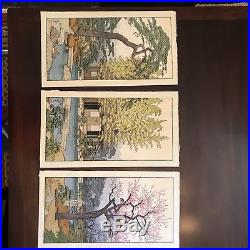 Original Toshi Yoshida(1911-1995) Wood Block Print Triptych-The Friendly Garden
