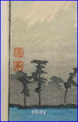 Original small Japanese woodblock print by Takahashi Shotei Evening Mt. Fuji