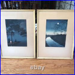 PAIR VNT KOHO SHODA Japanese Woodblock Prints Lake Bilwa & Canal By Moonlight