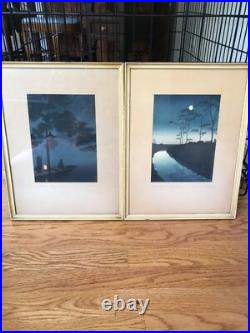 PAIR VNT KOHO SHODA Japanese Woodblock Prints Lake Bilwa & Canal By Moonlight