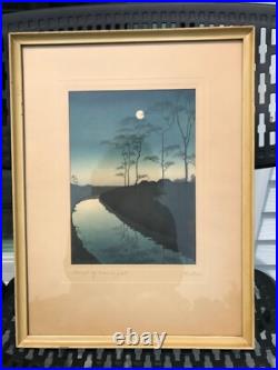 PAIR VNT KOHO SHODA Japanese Woodblock Prints Lake Bilwa & Canal By Moonlight