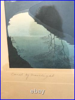 PAIR VNT KOHO SHODA Japanese Woodblock Prints Lake Bilwa & Canal By Moonlight