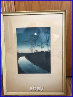 PAIR VNT KOHO SHODA Japanese Woodblock Prints Lake Bilwa & Canal By Moonlight