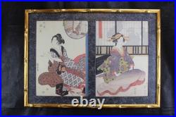 Pair of 19thC Japanese Ukiyo-e Woodblock Prints Eizan & Eisen Interior Scene