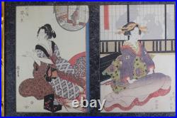 Pair of 19thC Japanese Ukiyo-e Woodblock Prints Eizan & Eisen Interior Scene
