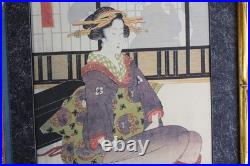 Pair of 19thC Japanese Ukiyo-e Woodblock Prints Eizan & Eisen Interior Scene