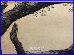 Plum Tree And Blue Magpie. Matted Antique Japanese Original Woodblock Print