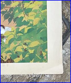 RAKUSAN TSUCHIYA 1930s Japanese Woodblock Print Green Plums & Young Sparrows