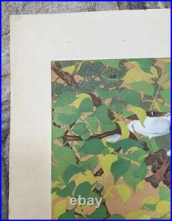 RAKUSAN TSUCHIYA 1930s Japanese Woodblock Print Green Plums & Young Sparrows