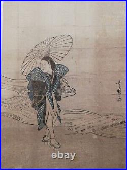 RARE! Japanese Antique Woodblock Print UTAMARO Dancer with Umbrella Ukiyo-e Art