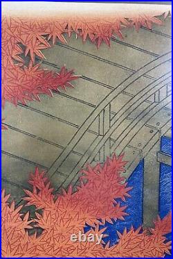 RARE Kamisaka Sekka Japanese Woodblock Print, Maple Leaves Over Bridge in Takao