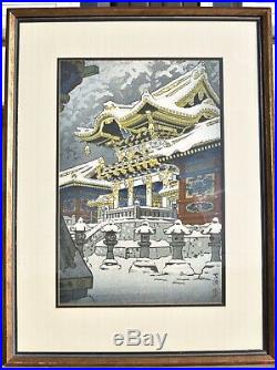 RARE Kasamatsu Shiro Snow at Yomeimon Gate Nikko Japanese Woodblock Print c. 1952
