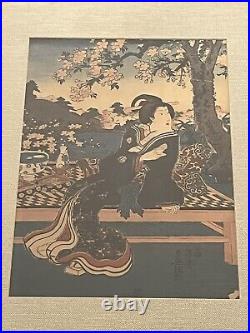 RARE Utagawa Kunisada Japanese Woodblock Print Bijin Under The Cherry. 1850