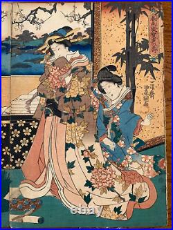 Rare Antique 3 qty Japanese Woodblock Prints Toyokuni c. 1848 1851 Triptych