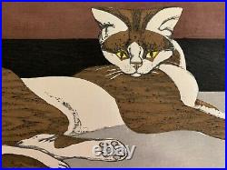 Rare Junichiro Sekino Woodblock Cat Print 1956 51/100 Mid Century Japanese Art