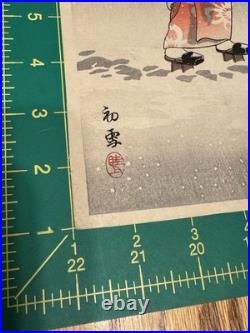Rare Vintage Japanese Woodblock Print First Snow (Hatsu yuki) Shin-hanga 1930s
