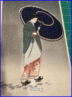 Rare Vintage Japanese Woodblock Print First Snow (Hatsu yuki) Shin-hanga 1930s