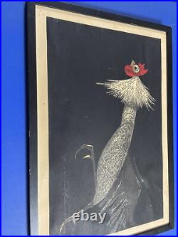 Running Rooster by Kaoru Kawano signed vintage Japanese Woodblock Print